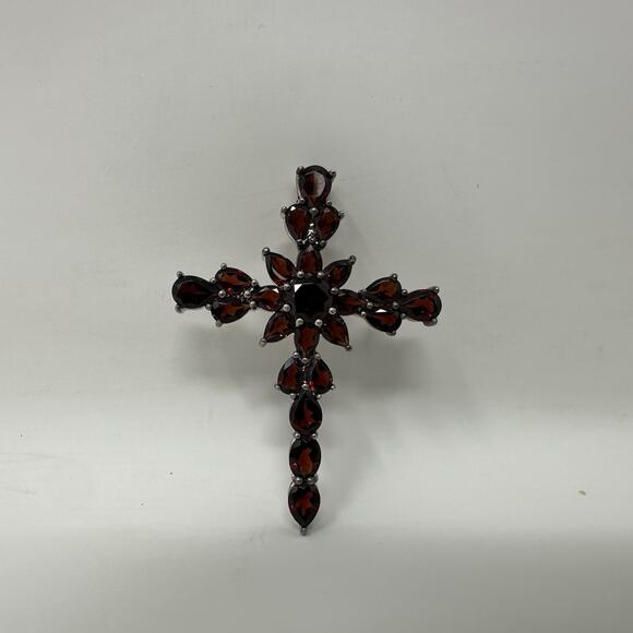 Sterling Silver 925 Red Garnet Cross Pendant - Picture 1 of 4